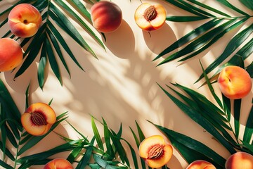 Wall Mural - Peaches and Tropical Leaves on Sand-Colored Background