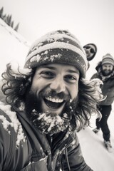 Sticker - A man with a beard and a hat is smiling and posing for a picture. He is surrounded by snow and he is enjoying the winter weather