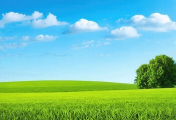 Wall Mural - Serene Field Under a Clear Blue Sky with Fluffy White Clouds