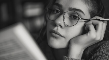 Canvas Print - A woman is reading a book while wearing glasses. She is looking at the book with a serious expression on her face