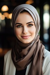 Wall Mural - A woman wearing a brown scarf and a white jacket. She is smiling and looking at the camera