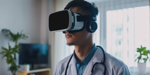 Wall Mural - A man wearing a white lab coat and a pair of virtual reality goggles. He is looking at a plant in the background