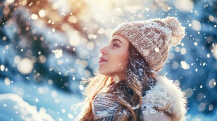 Wall Mural - A woman wearing a hat and scarf is standing in the snow. She has a smile on her face and she is enjoying the winter weather