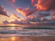 Generative AI. Sun is rising, colorful clouds in the sky, waves of the ocean, beautiful garden of eden nearby.