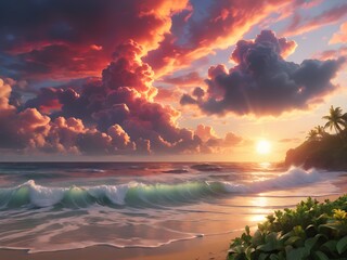 Wall Mural - Generative AI. Sun is rising, colorful clouds in the sky, waves of the ocean, beautiful garden of eden nearby.