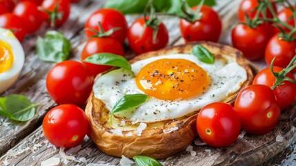 Wall Mural - Morning breakfast with sunny side up egg on toast and fresh tomatoes