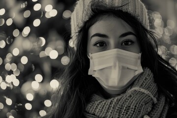 Wall Mural - A woman wearing a white hat and a scarf is wearing a surgical mask. The image has a moody and somewhat eerie feel to it, as the woman's face is obscured by the mask. The use of a black