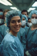 Wall Mural - A group of people in blue scrubs are smiling for the camera. The woman in the center is wearing a blue hat and a blue gown