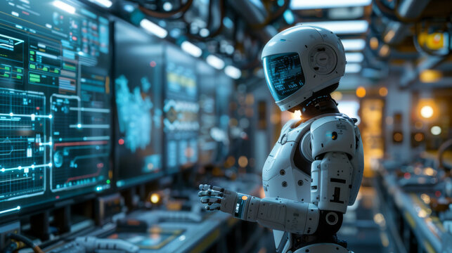 A futuristic robot oversees complex data systems in a high-tech laboratory, representing advanced AI technology and automation.