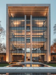 Poster - Modern building with rectangular windows on the ground floor, with large columns and flat roofs in front, Behind the tower is a square open space for outdoor activities. Generative AI.