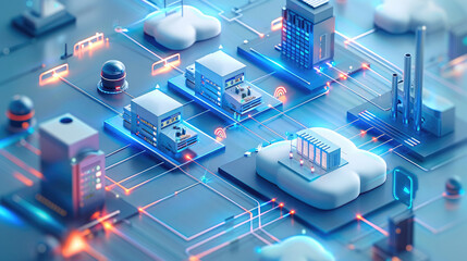 Fototapete - Isometric view, cloud computing platform, gas station building, various data flow icons connected to multiple server blocks and office buildings. Generative AI.