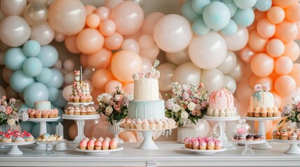 Wall Mural - A table with a variety of desserts and a wall of balloons. The balloons are in different colors and sizes, creating a festive and celebratory atmosphere. The desserts include cakes, cupcakes