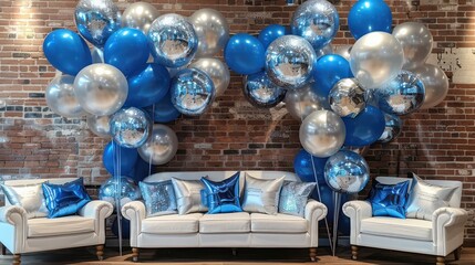 Sticker - A room with a white couch and two chairs, and a wall covered in blue and silver balloons