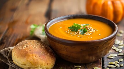 Canvas Print - Homemade pumpkin soup in a rustic bowl with bread