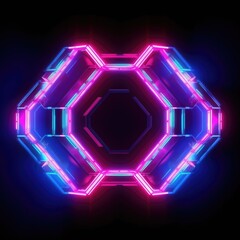 Abstract picture of mysterious geometric shape portal with digital style neon light reflecting set against dark tone background, create futuristic visual ideal for design science fiction frame. AIG35.