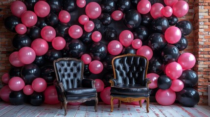 Sticker - A room with two black chairs and pink and black balloons. The room has a festive and celebratory mood
