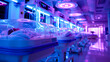 © OMGAi - Neonatal Intensive Care Unit with Incubators. Neonatal intensive care unit with multiple incubators under blue and purple lighting, highlighting advanced medical care for newborns.