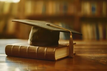 graduation cap and book still life symbol of academic achievement clean composition soft lighting inspirational mood