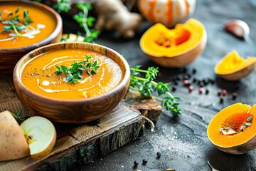 Wall Mural - Autumn pumpkin soup with fresh herbs in rustic kitchen setting