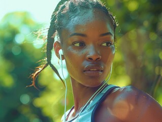 Wall Mural - A woman with sweat on her face and headphones on her ears. She is wearing a blue tank top