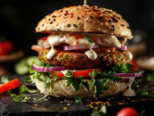 Canvas Print - A large burger with a lot of toppings including onions, tomatoes, and lettuce. The burger is covered in a sauce and has a bun on top