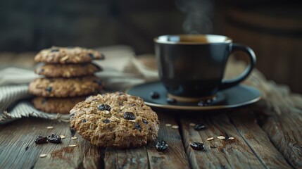 Poster - A plate of cookies and a cup of coffee sit on a wooden table. The cookies are arranged in a stack, and the cup is filled with dark coffee. Concept of comfort and relaxation