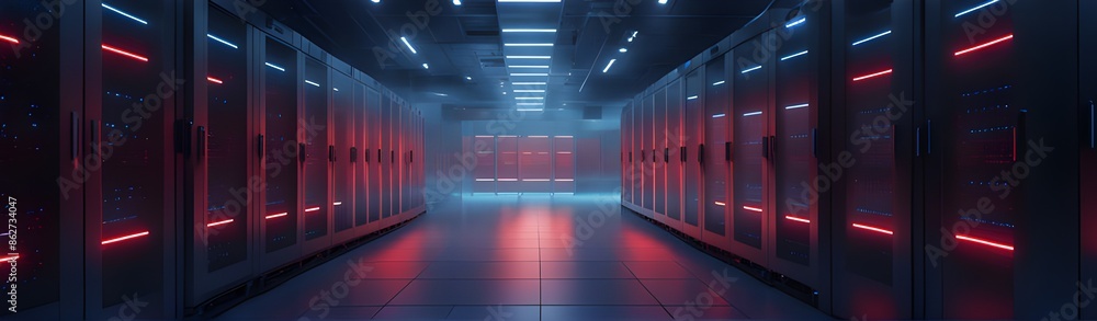 A futuristic data center with illuminated server racks and red-blue ...