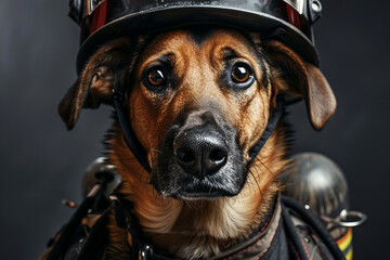 Sticker - AI generated photo image of funny dog professional firefighter in the kitchen