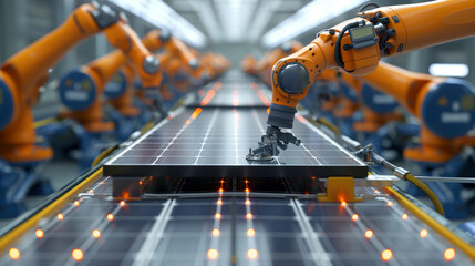 Poster - Robotic assembly line: close-up of robotic arms fitting and securing roof-mounted solar panels onto eco-friendly vehicles for sustainable energy use.