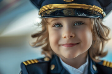 Wall Mural - AI generated picture of cute charming kid wear airplane captain suit pilot career