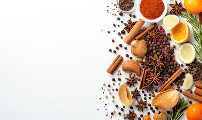 Spices and Citrus Arrangement on White Background