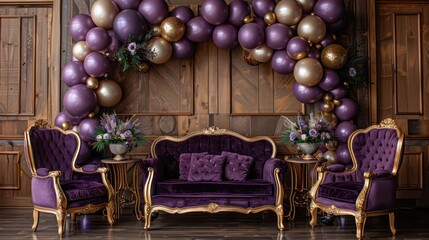 Wall Mural - A room with a purple couch and two chairs