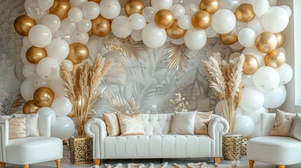 Wall Mural - A white and gold room with a white couch and two chairs. The couch is covered in pillows and there are two vases on the floor. The room has a tropical theme with a lot of white and gold decorations