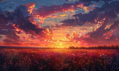 Wall Mural - A vibrant summer sunset over the countryside