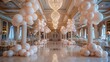 © Sasikharn - A large room with a lot of white balloons and a chandelier. The room is decorated for a wedding or a special event