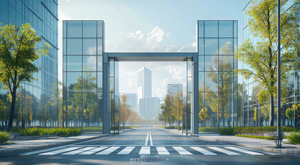 The entrance gate to modern buildings in city, The road is empty, In front there will be two metal gates that lead into an office complex with a large building in the background. Generative AI.