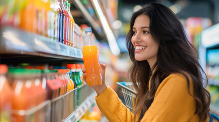 A happy woman in a bright, modern supermarket, choosing a bottle of juice from the refrigerator, her shopping cart nearby, close-up