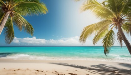 Tropical beach scene with palm trees and turquoise water.