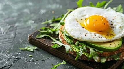 Avocado Sandwich with Fried Egg - sliced avocado and egg on toasted bread with arugula for healthy breakfast or snack, copy space. 