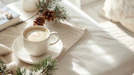 Wall Mural - A white coffee cup with a white saucer sits on a table with pine needles and a book. The scene conveys a cozy and relaxing atmosphere, perfect for enjoying a warm cup of coffee and reading a good book