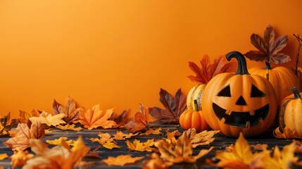 Wall Mural - a pumpkin with a scary face is surrounded by orange leaves on a table. the scene is set in a hallowe