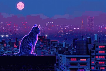 Wall Mural - Cat sitting night city architecture.
