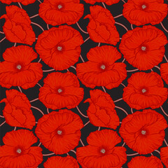 Wall Mural - Art floral vector seamless pattern. Red poppies with orange leaves isolated on grey background. For fabric, home and kitchen textile, wallpaper design.