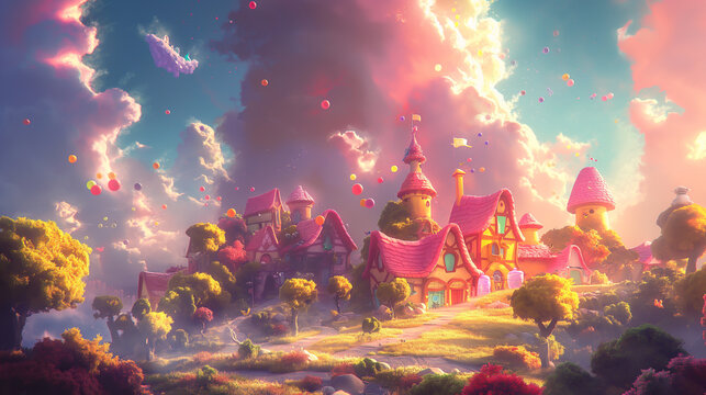 A whimsical village nestled amidst vibrant foliage, bathed in the warm glow of a magical sunset.  Floating balloons add to the enchanting atmosphere.