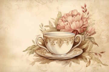 Wall Mural - Illustration of coffee cup and flowers art porcelain painting.