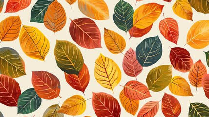 Wall Mural - A seamless pattern of colorful autumn leaves on a cream background.