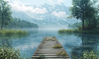 Wall Mural - A serene lake with a wooden dock