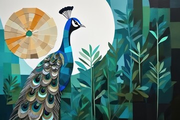 Wall Mural - Abstract peacock with tropical forest ripped paper art animal bird.