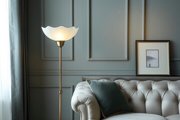 Wall Mural - Art deco-inspired floor lamp with a geometric brass base and a frosted glass shade, adding elegance to the corner of a luxurious room