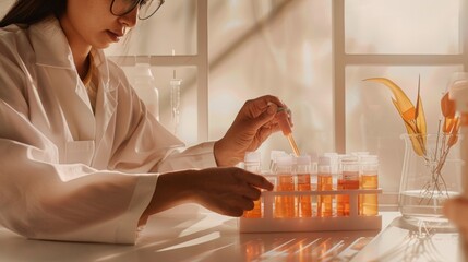 Aufkleber - Female Scientist in Modern Lab Developing Vitamin Discs, Showcasing Advanced Healthcare Innovation